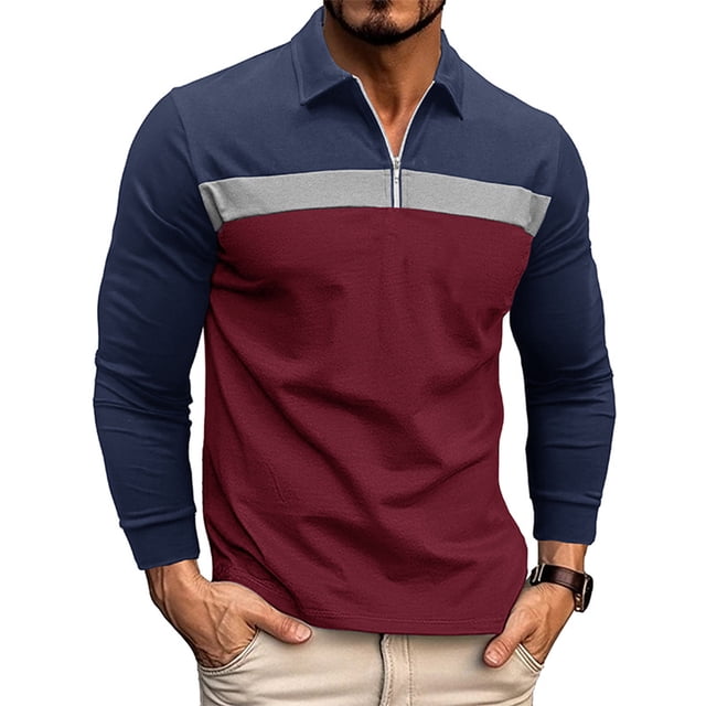 Bellella Hauts pour Hommes Col à Revers Polo Chemise Manches Longues Blouse Coupe Régulière T-Shirt à Blocs de Couleur t-Shirts Hommes Rouge Vin P