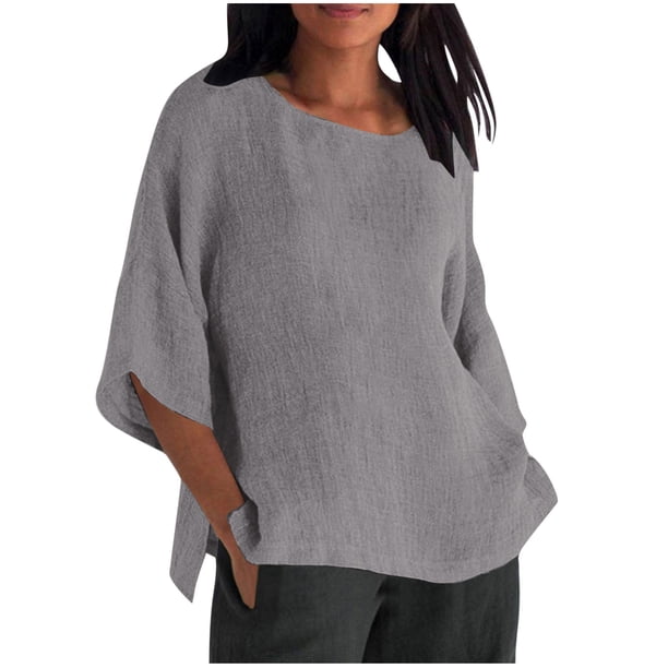 Vestidos Casuales Para Mujer, Blusas De Mujer De Moda Camiseta de lino con cuello y botones para mujer, informal, de manga larga, para el hogar