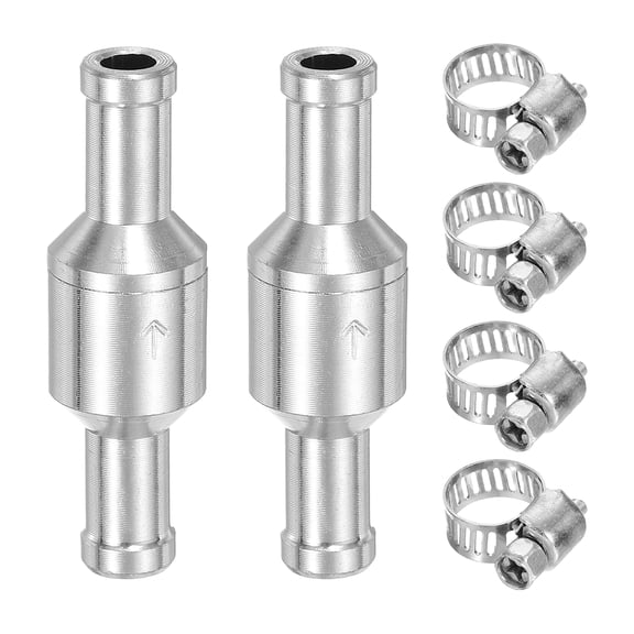2 Pack 8mm (5/16") Fuel Check Valve, Non-Return One Way Hose Check Valve, Aluminum Alloy Control Accessories with Clamps for Petrol, Diesel, Gas, Oil, Air, Water, Silver