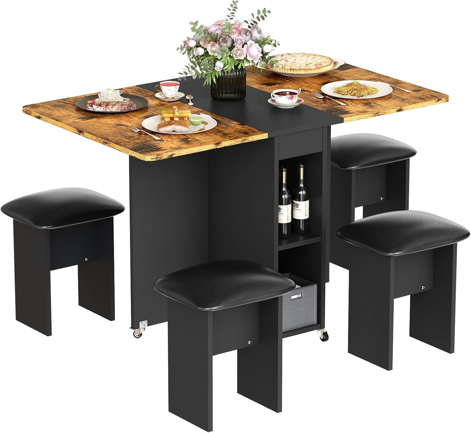 LinkRomat Folding Dining Table Set for 4, Kitchen Table with Shelves & 4 Leather Chairs, Space Saving Foldable Dining Table with 6 Wheel (Brown)