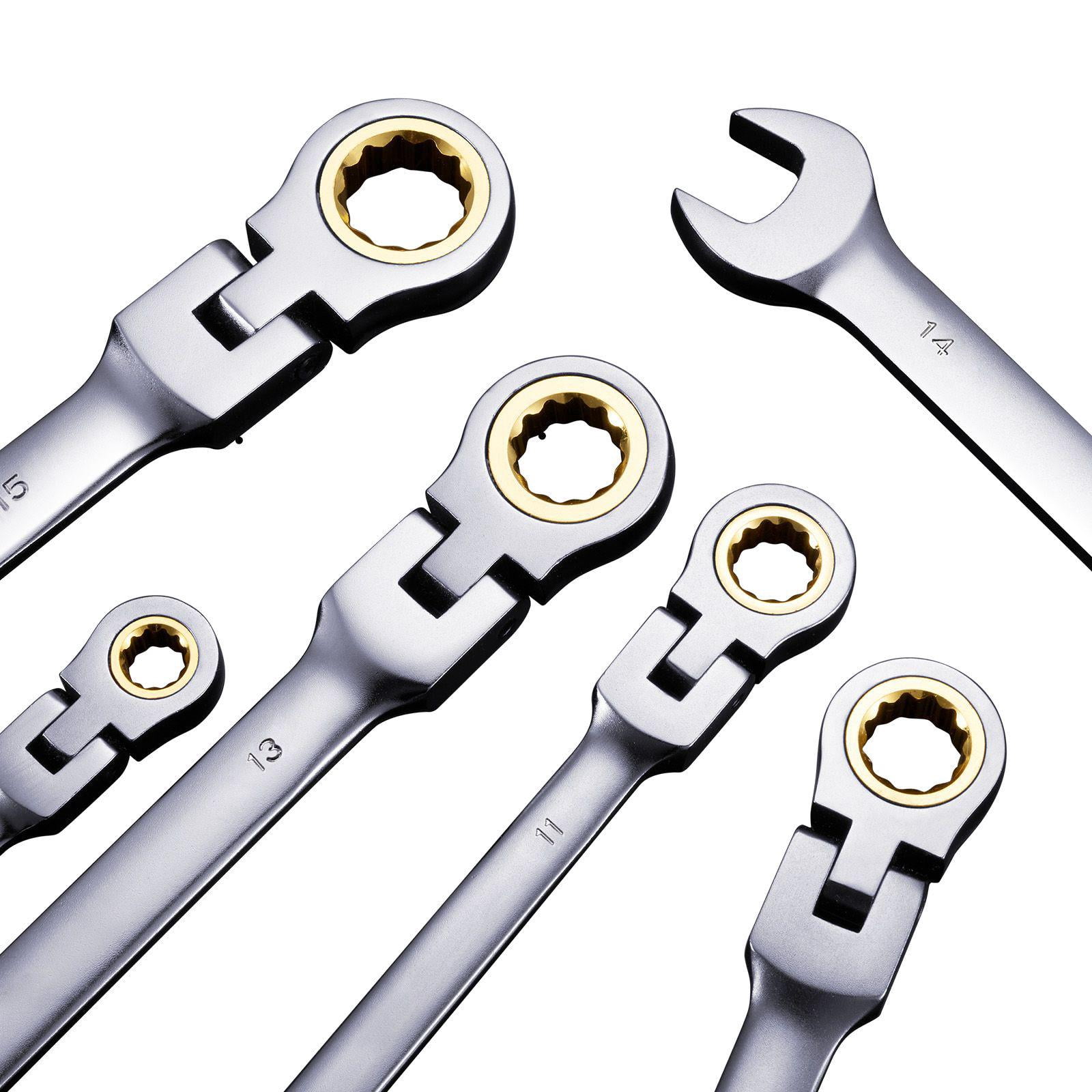 8 Piece Chrome Vanadium Steel Ratchet Wrench Set 8mm to 17mm Metric with Reel Bag for Household and Automotive Repair