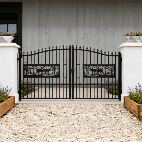 20' x 7' Heavy-Duty Bi-Parting Steel Driveway Gate, Galvanized Iron Entrance Security Gate with Rectangular Deer Pattern, Dual Swing Metal Gate for Residential, Farm & Ranch, Black Powder Coated