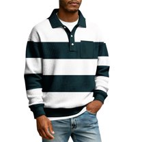 QHRMKOG Golf Shirt Men Loose Fit Waffle Knit Striped Long Sleeve Polo Shirts Casual Button Down Collared Golf Shirt Fall Street Tops with Breasted Pocket Green M