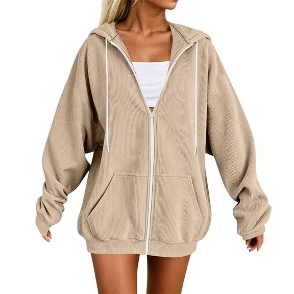 Fnooota Womens Corduroy Hoodies, Long Sleeve Casual Drawstring Zip up Fall Jackets Khaki Size S-2XL
