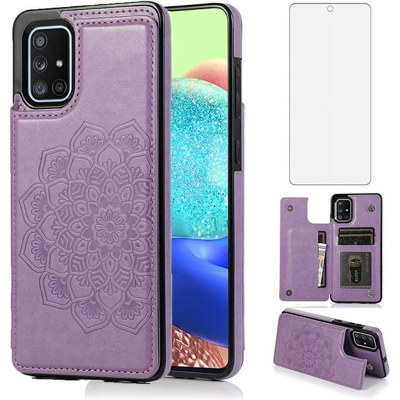 Design for Samsung Galaxy A51 (4G) Case with Tempered Glass Screen Protector Credit Card Holder Slot, Leather Wallet Phone Cases Stand Kickstand Protective Cover for Glaxay A 51 Women Purple