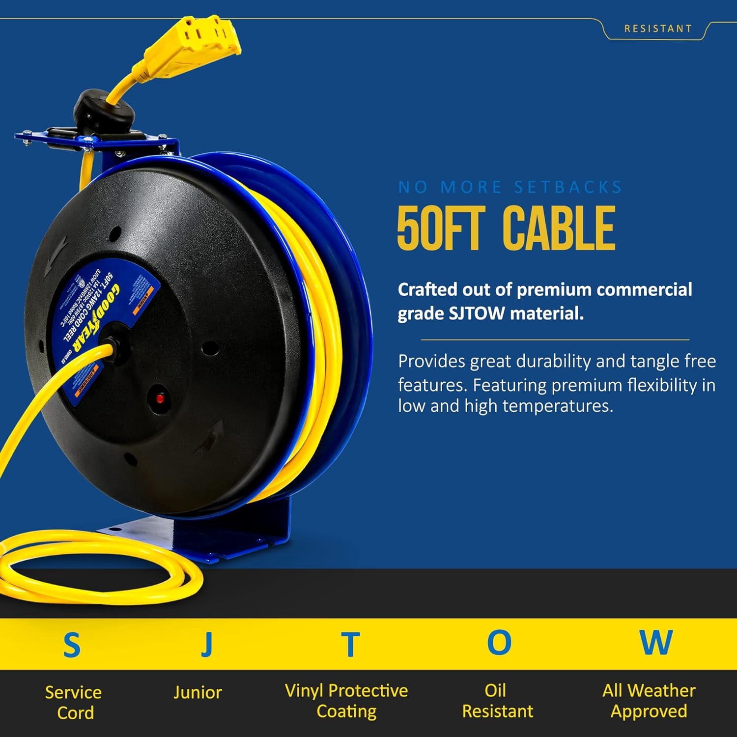 Goodyear Industrial Retractable Extension Cord Reel - 12AWG x 50' Ft, 3 Grounded