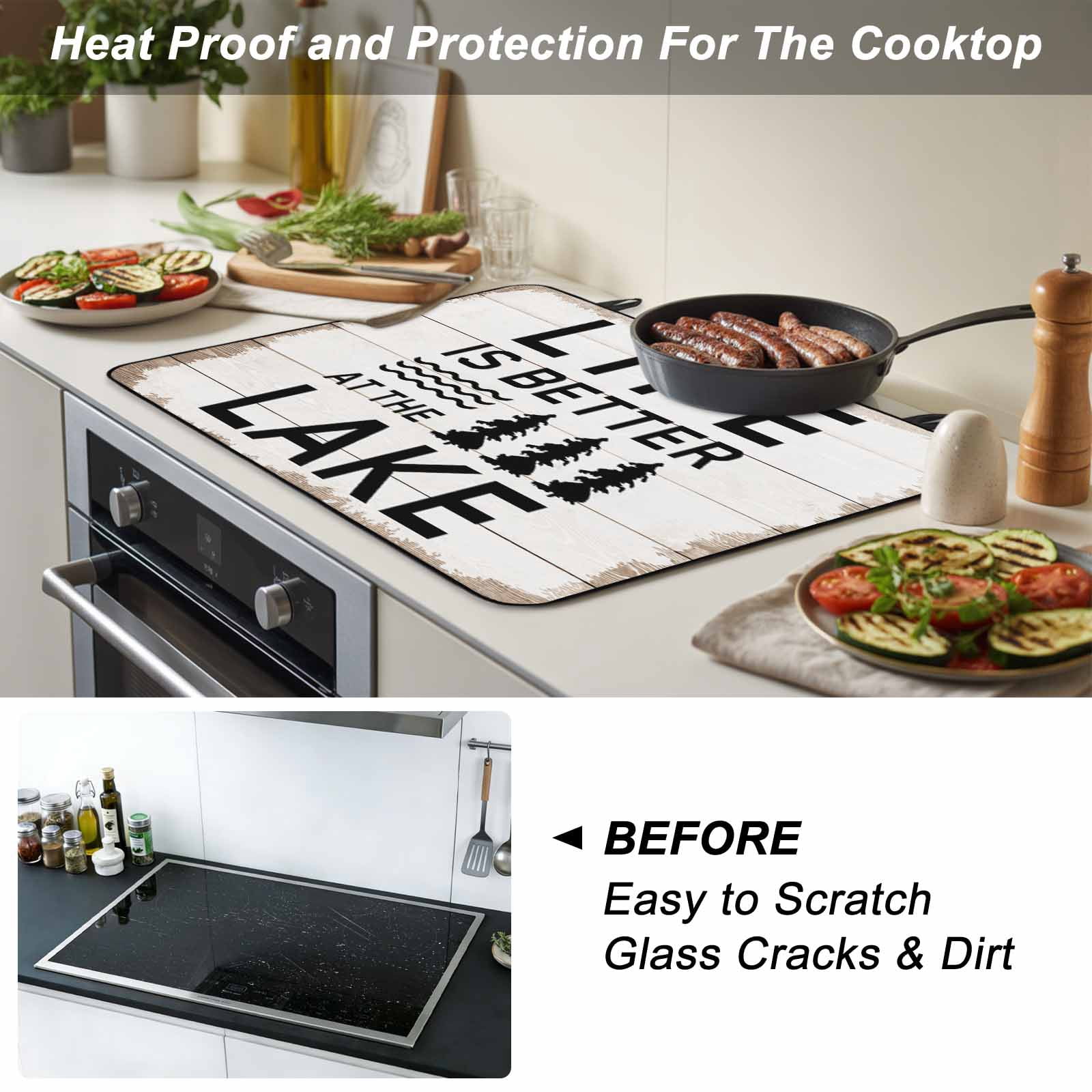 Life Is Better at The Lake Stove Top Cover for Electric Stove, Heat-proof & Non Slip Glass Top Stove Cover Protector, Rustic Black Artistic Aesthetics Kitchen Flat Cooktop Rubber Mat 24x21 Inches