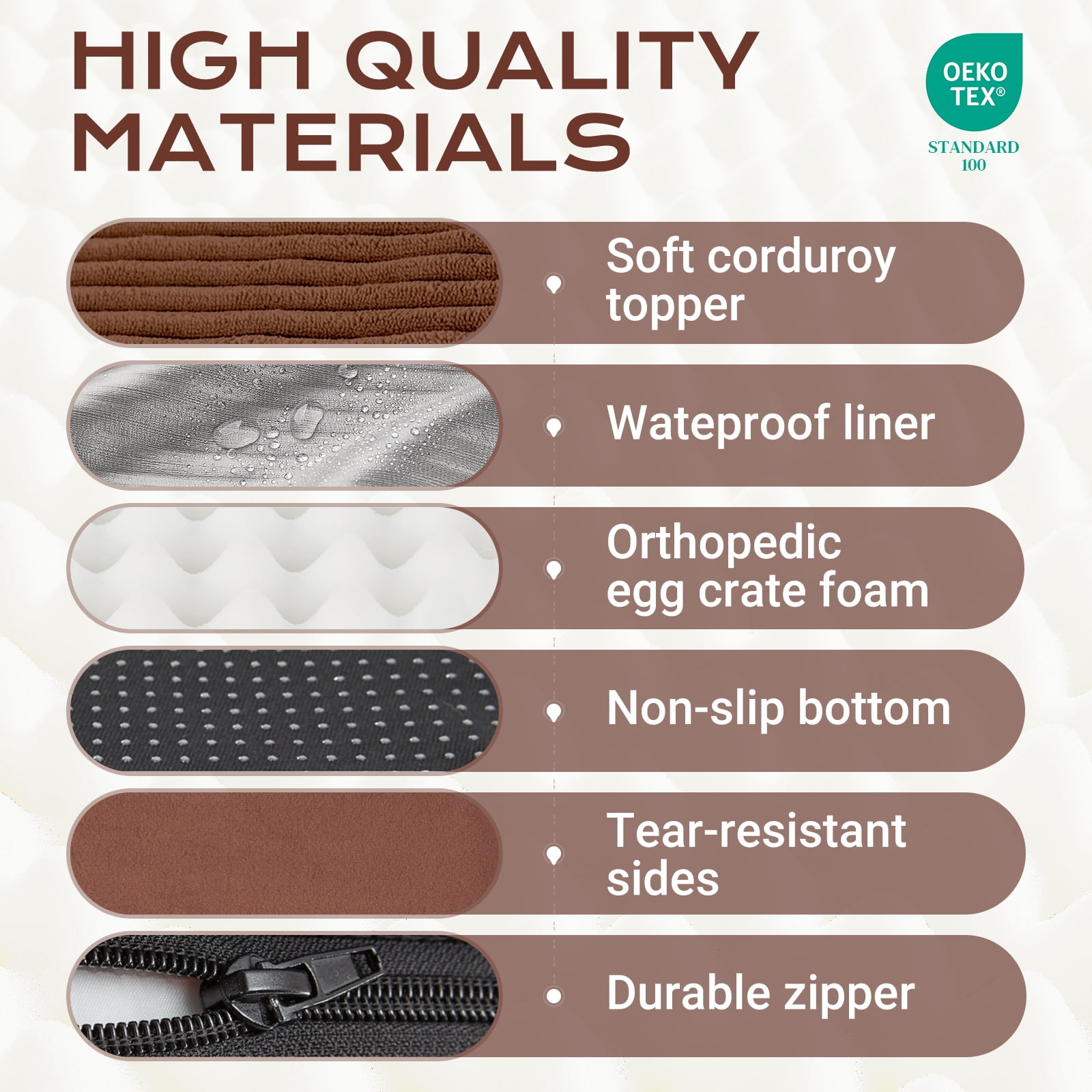 Ophanie Brown Orthopedic Dog Bed for Large Dogs with Non-Slip Bottom, Waterproof and Machine Washable Removable Pet Bed Cover,Size(41"x28"x4")