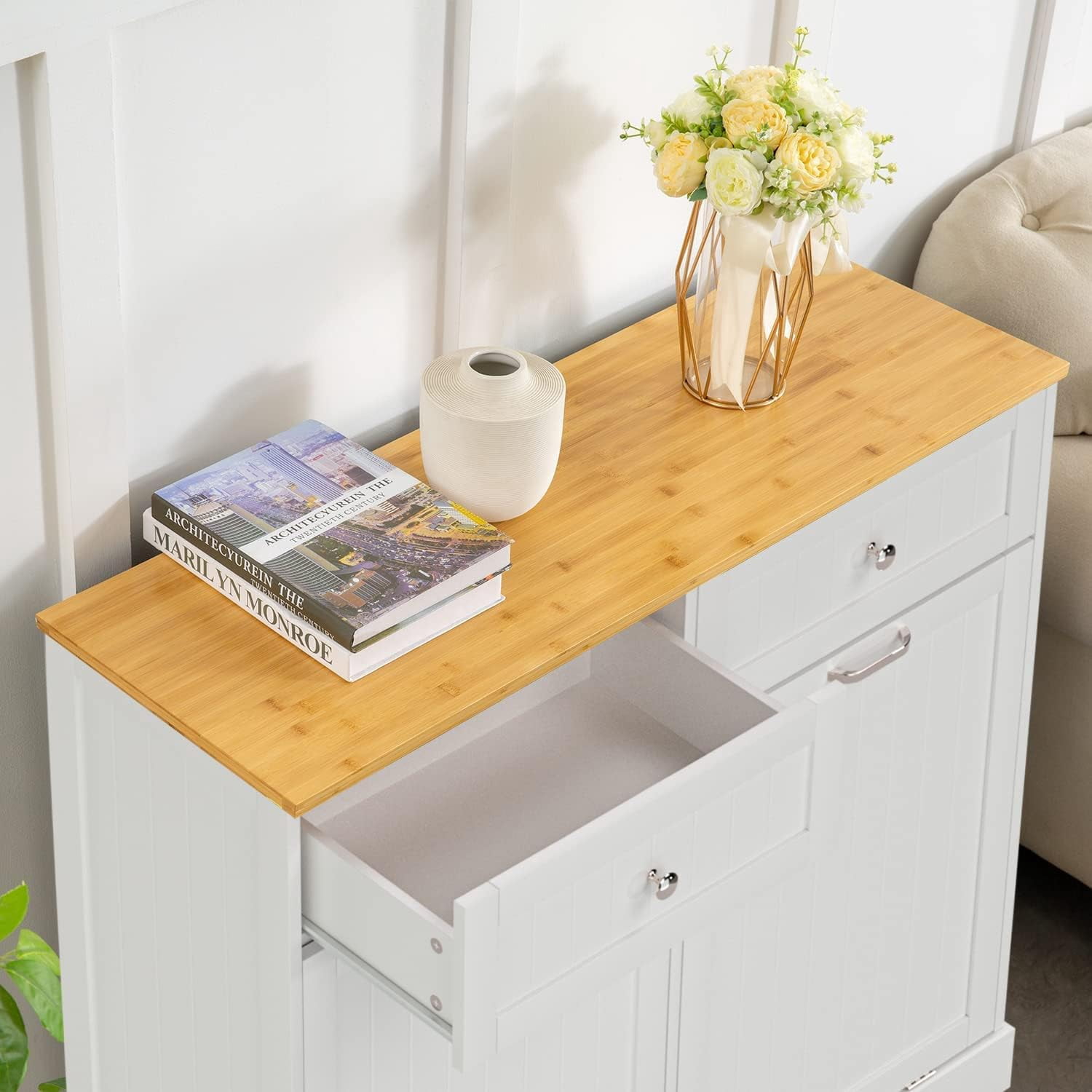 GAZHOME Kitchen Trash Can Cabinet, Double Tilt Out 20 Gallon Garbage Cans Cabinet, White