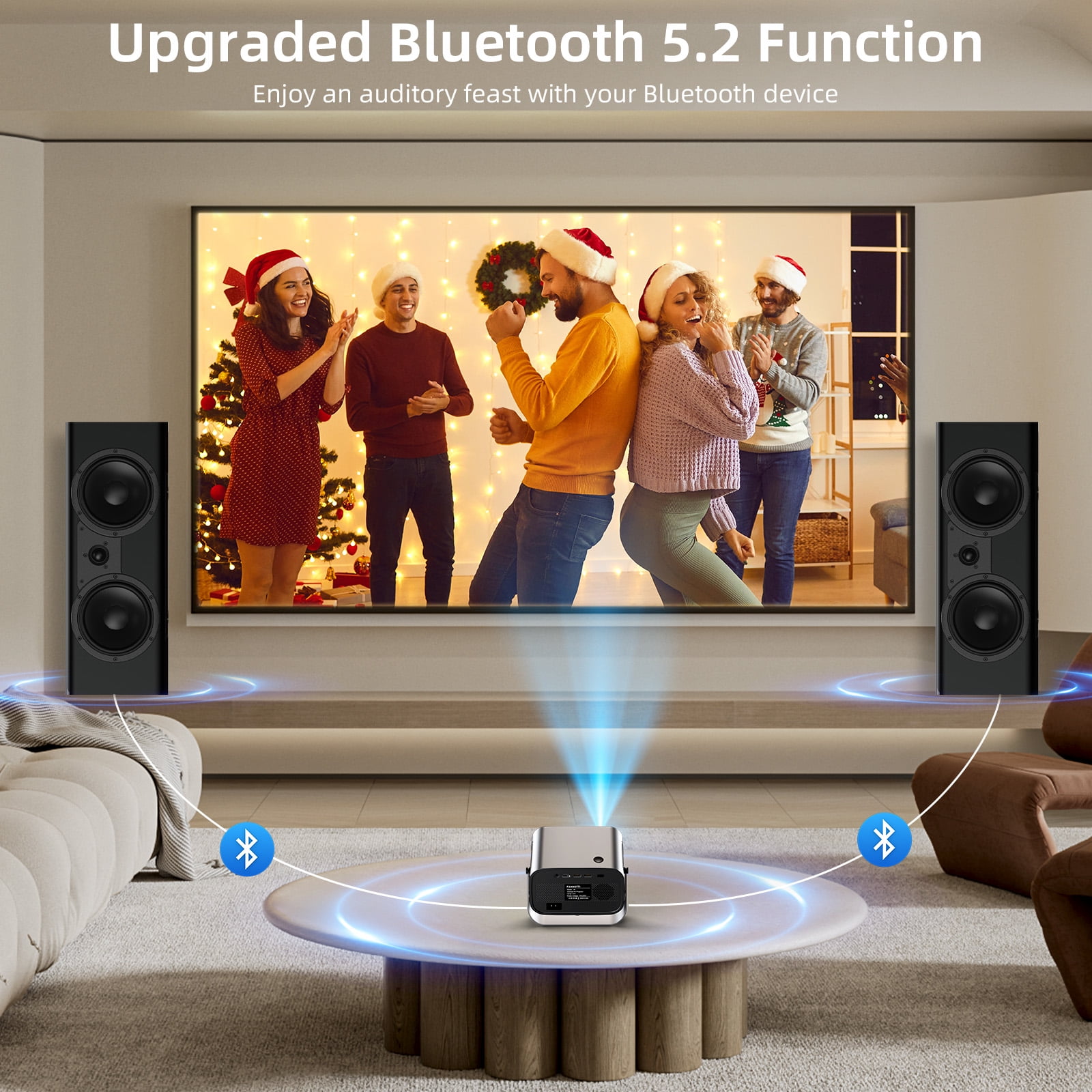 Smart Projector, Native 1080P with 4K Support, WiFi Bluetooth, Auto Focus, Keystone Correction, 360° Stand, 300'' Display for Home Theater