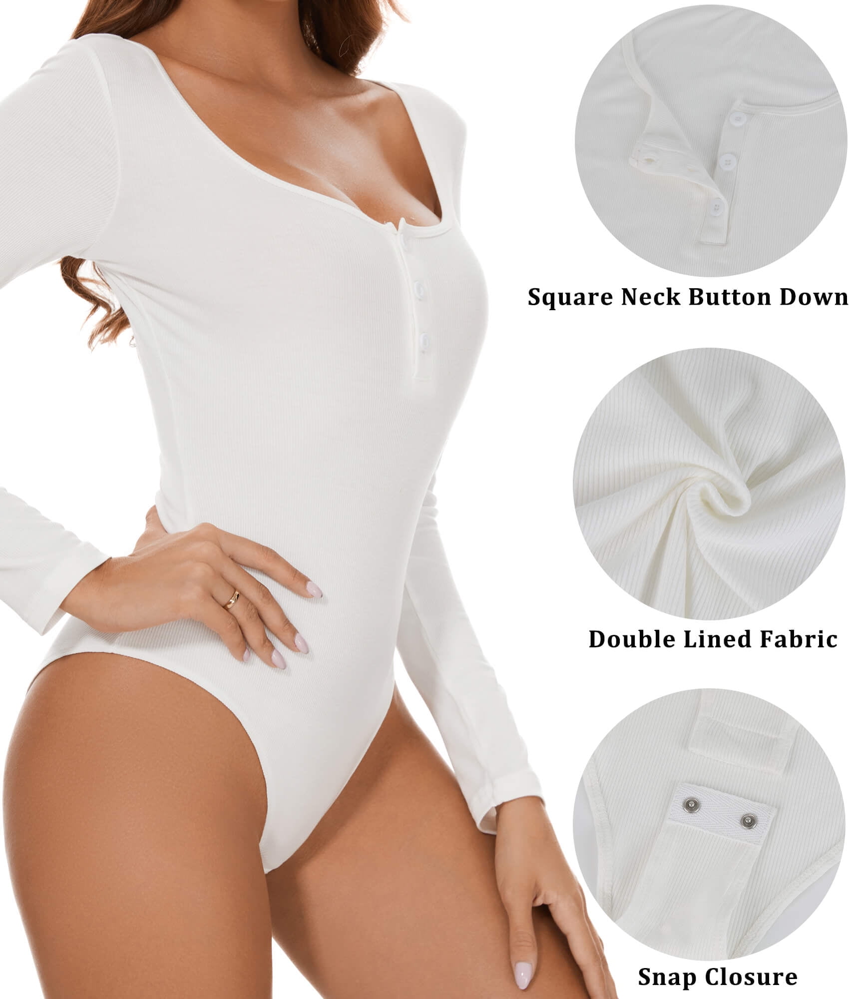MANIFIQUE Women's Sexy Square Neck Bodysuit Long Sleeve Double Lined Shirt  Tops