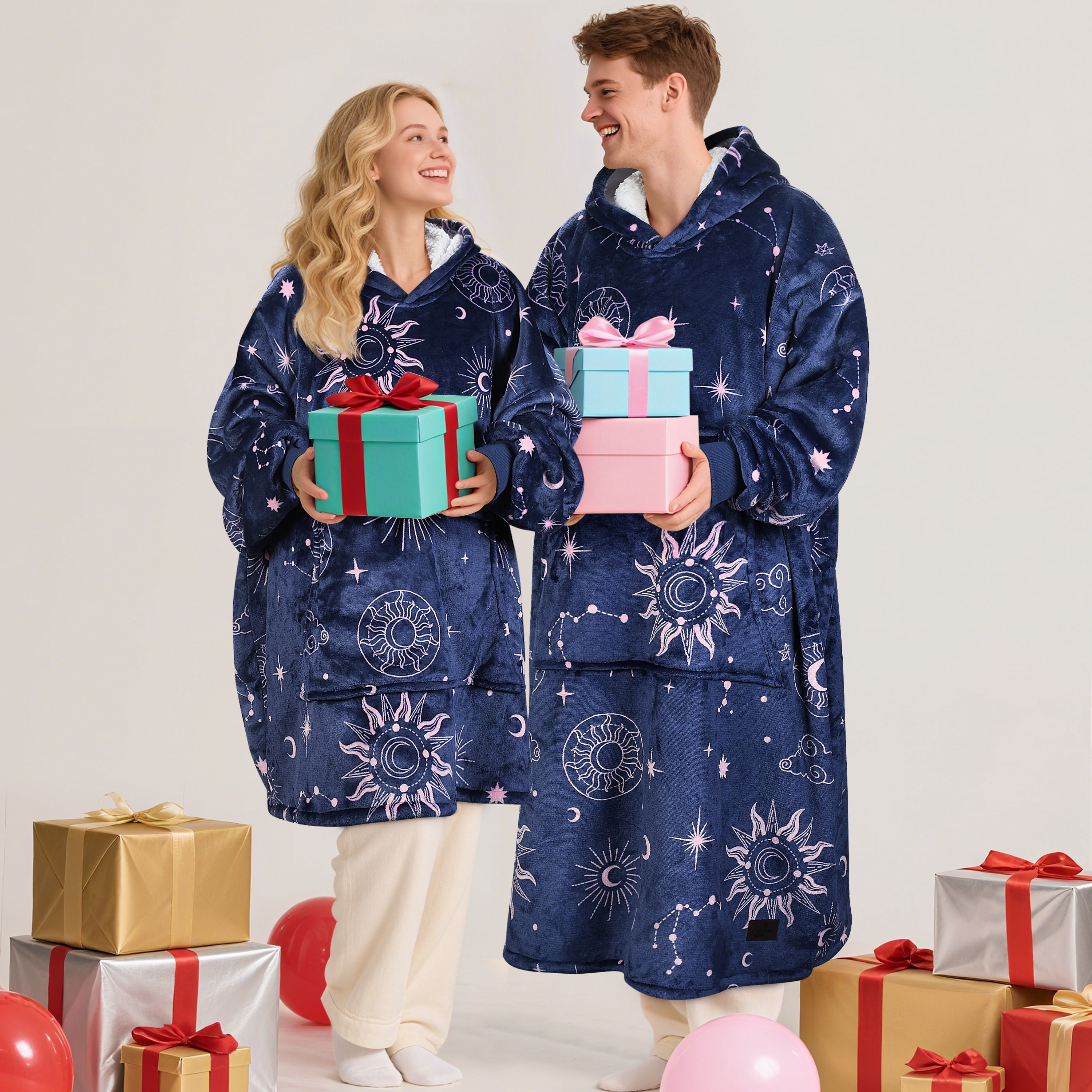 Catalonia Oversized Hoodie Blanket Sweatshirt, Comfortable Sherpa Lounging Pullover for Adults, Gifts for Women, Astrology Navy
