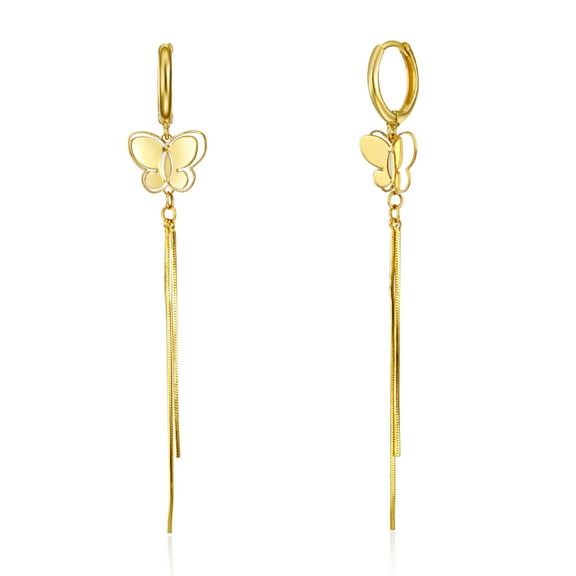 Wellingsale Ladies 14k Yellow Gold Polished Diamond Cut Fancy Butterfly Dangle Hanging Drop Earrings (65 x 10 mm)