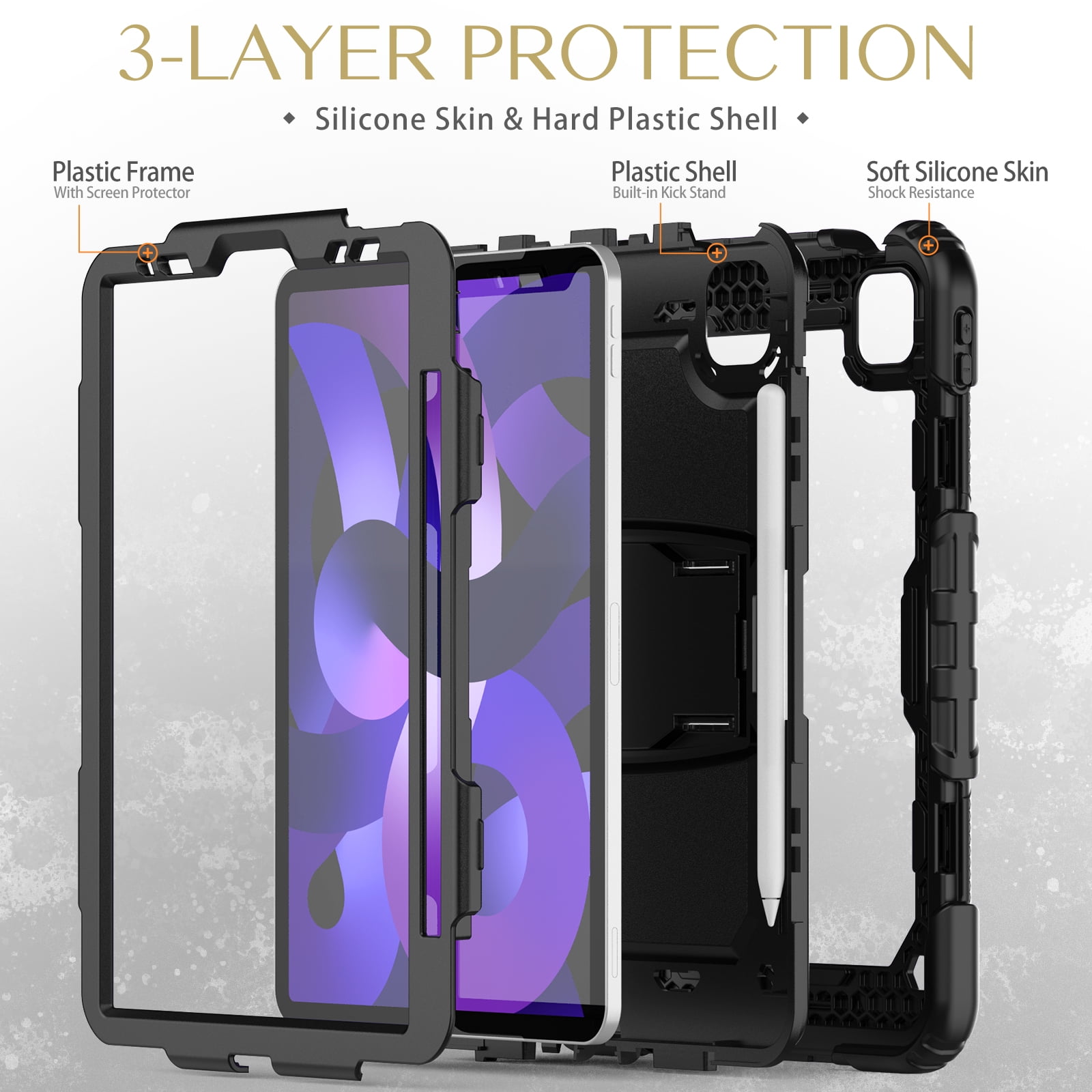 Allytech Shockproof Case for Apple iPad Pro 12.9 Inch 2022/2021/2020/2018(6th/5th/4th/3rd Gen) with Pencil Holder, Rugged Kickstand Shoulder Strap Kids Case with Screen Protector,Black