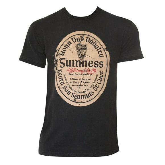 Guinness Men's Black Distressed Gaelic Label T-Shirt-Large