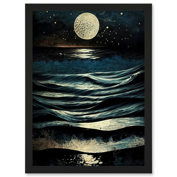 Full Moon Rising Over Clear Night Sky Tidal Waves Artwork Framed Wall Art Print A4