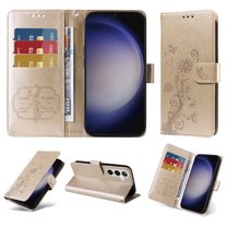 For Samsung Galaxy A15 5G Case Wallet, Stylish Flower Butterfly Embossed PU Leather Flip Cover Stand Shockproof Cards Slots Hand Wrist Phone Case for Samsung Galaxy A15, Gold