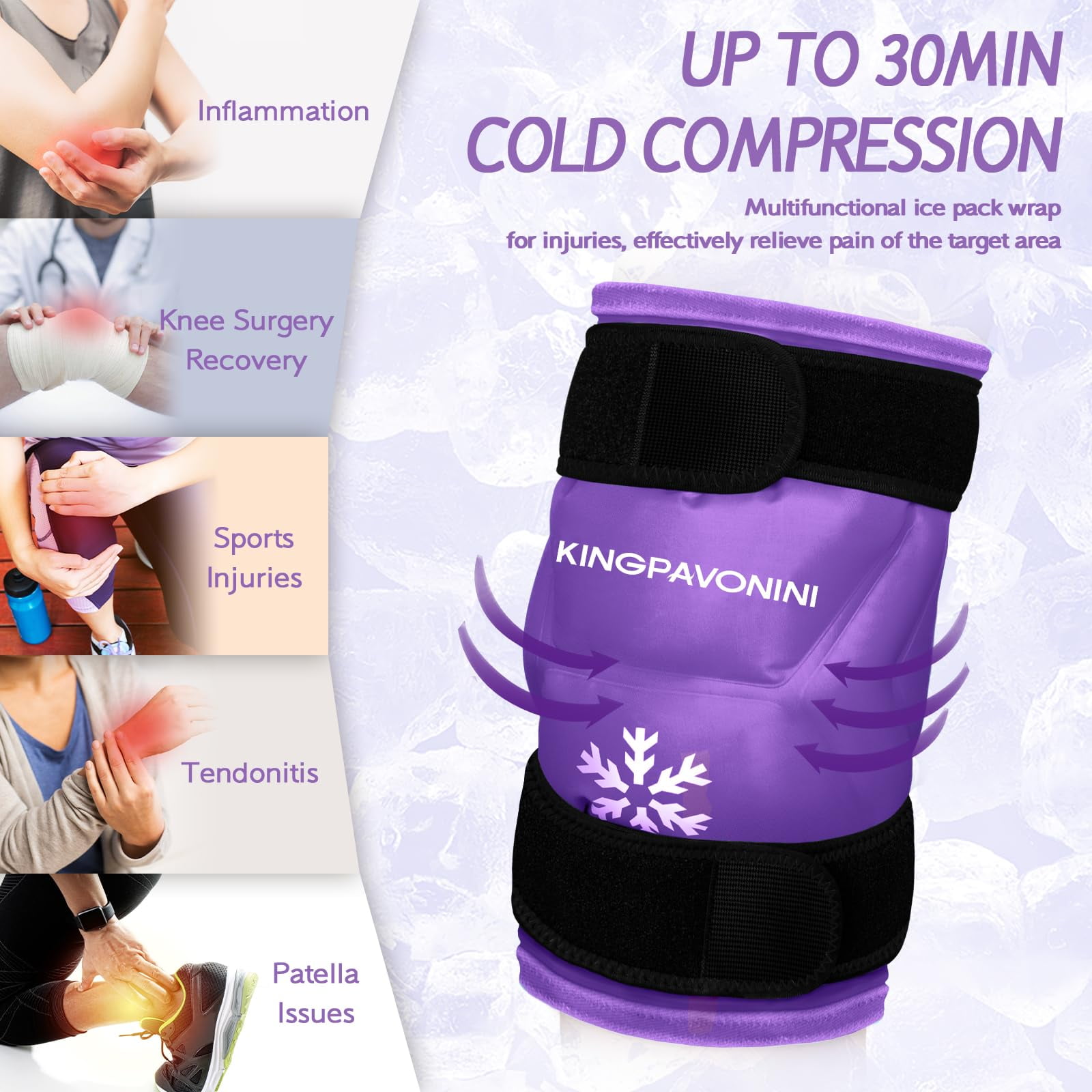 KingPavonini XXL Knee Ice Pack Wrap Around Entire Knee after Surgery, Reusable Gel Ice Pack for Knee Injuries, Large Ice Pack for Pain Relief, Swelling, Knee Surgery, Sports Injuries, 1 Pack (Purple)