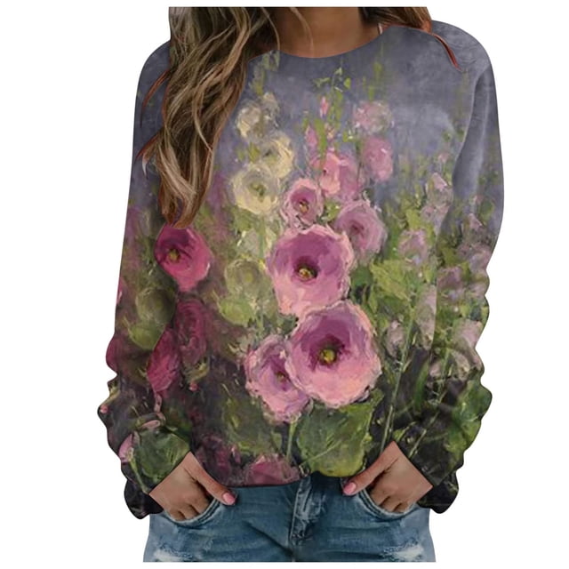 Pompotops Femmes Décontracté Imprimé Col Rond Pull Manches Longues Swertshirts Blouse T-shirt Tops