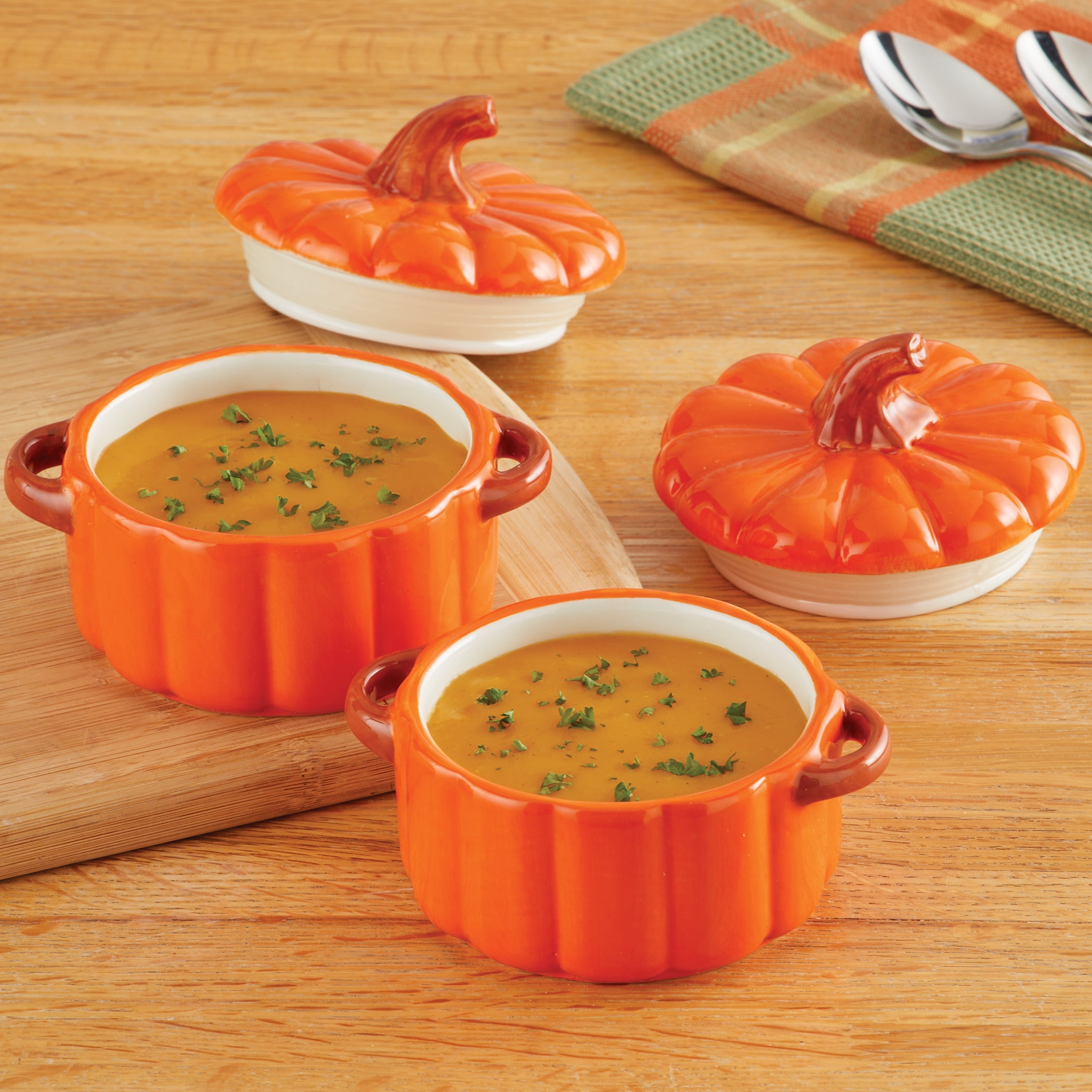 2 Bowls + 2 Spoons) Large Soup Bowls for Kitchen, pumpkin shape, 8