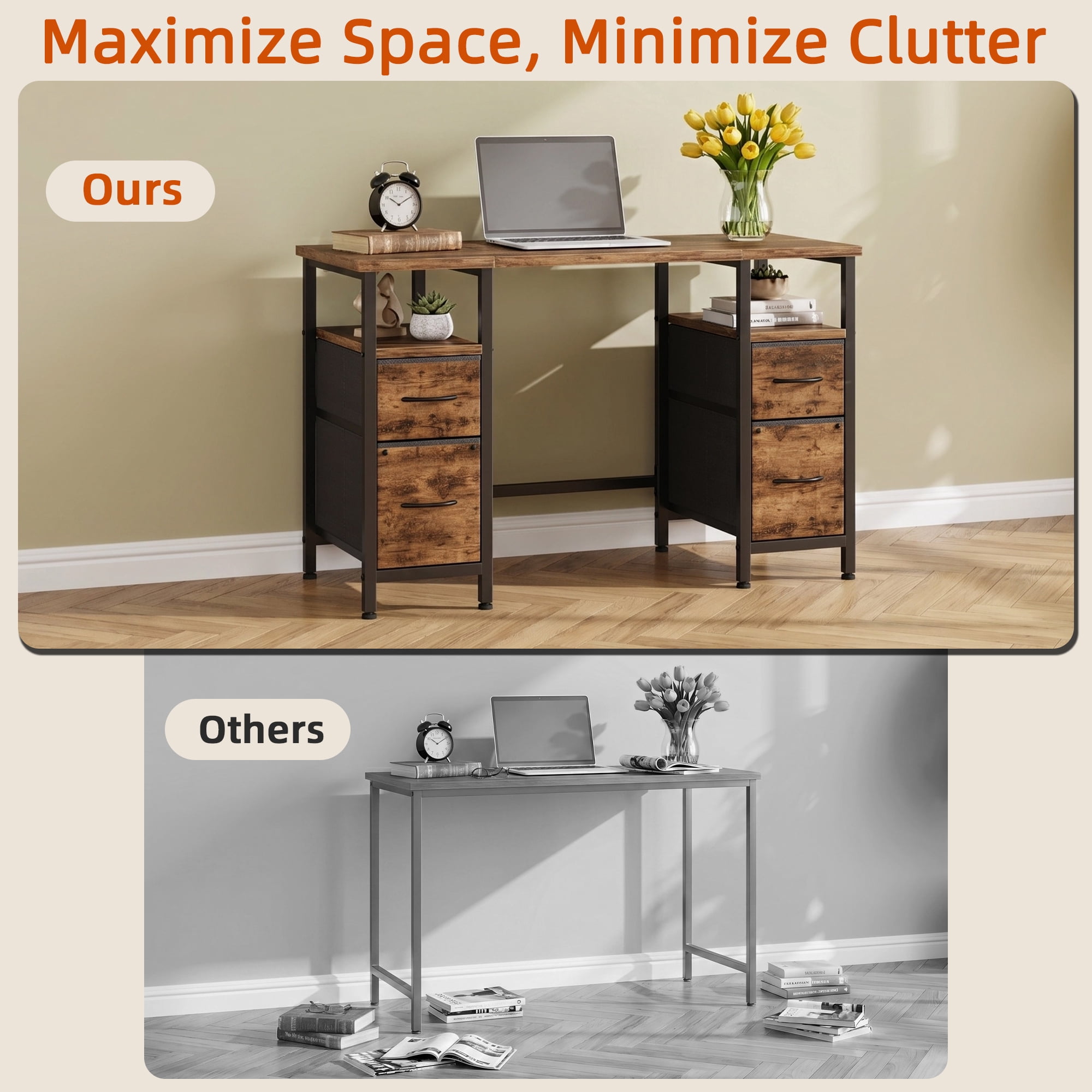 HIGDBFE 47 Inch Computer Desk with 4 Fabric File Drawers, Office Desk with Storage, Gaming Writing Table for Home Office Bedroom, Rustic Brown