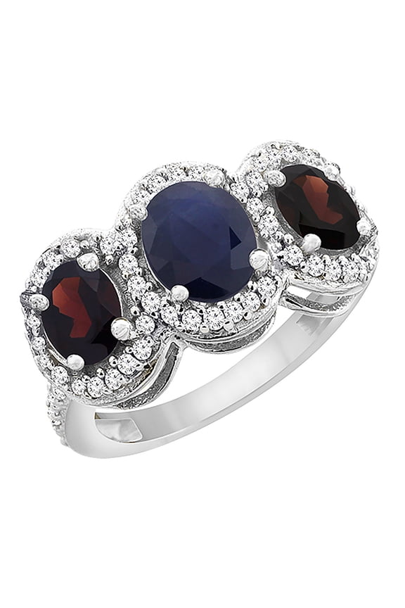 10K White Gold Natural Blue Sapphire & Garnet 3-Stone Ring Oval Diamond Accent, size 5
