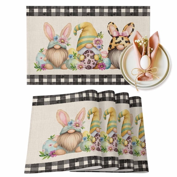 Happy Easter Placemats Set of 6, Spring Gnome Eggs Floral Linen Texture Black Plaid Heat Insulated Linen Place Mats, Washable Stain-Proof Table Mats for Dining Tables Holiday Decor 13x19 Inches
