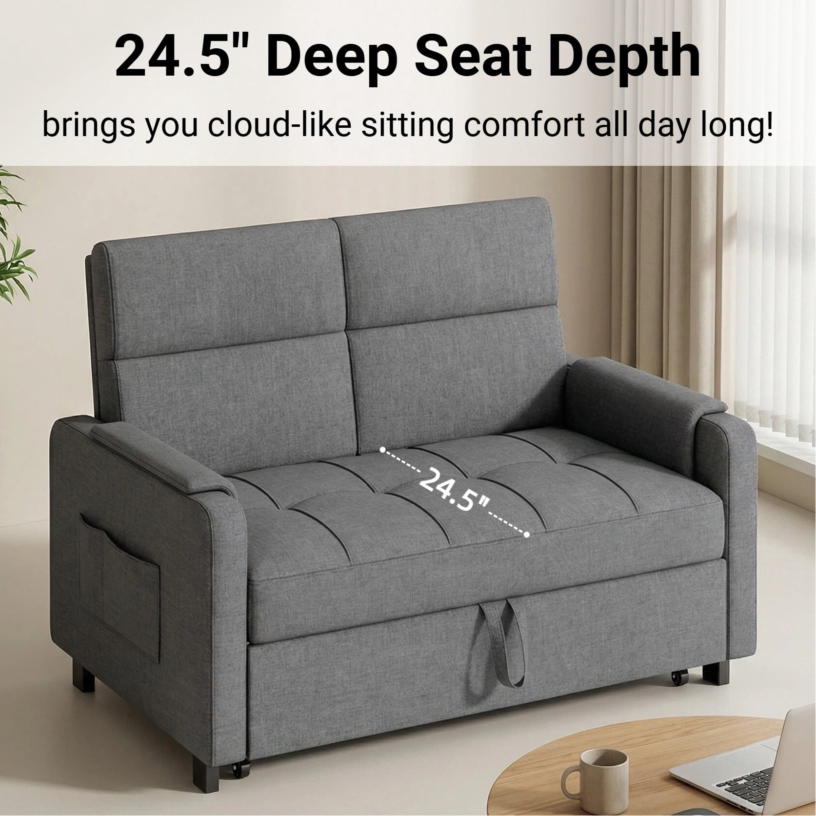 50" Sofa Bed, Lofka 3 in 1 Convertible Sleeper Loveseat, Pull Out Couches with Adjustable Backrest for Living Room Apartment, Linen, Dark Gray