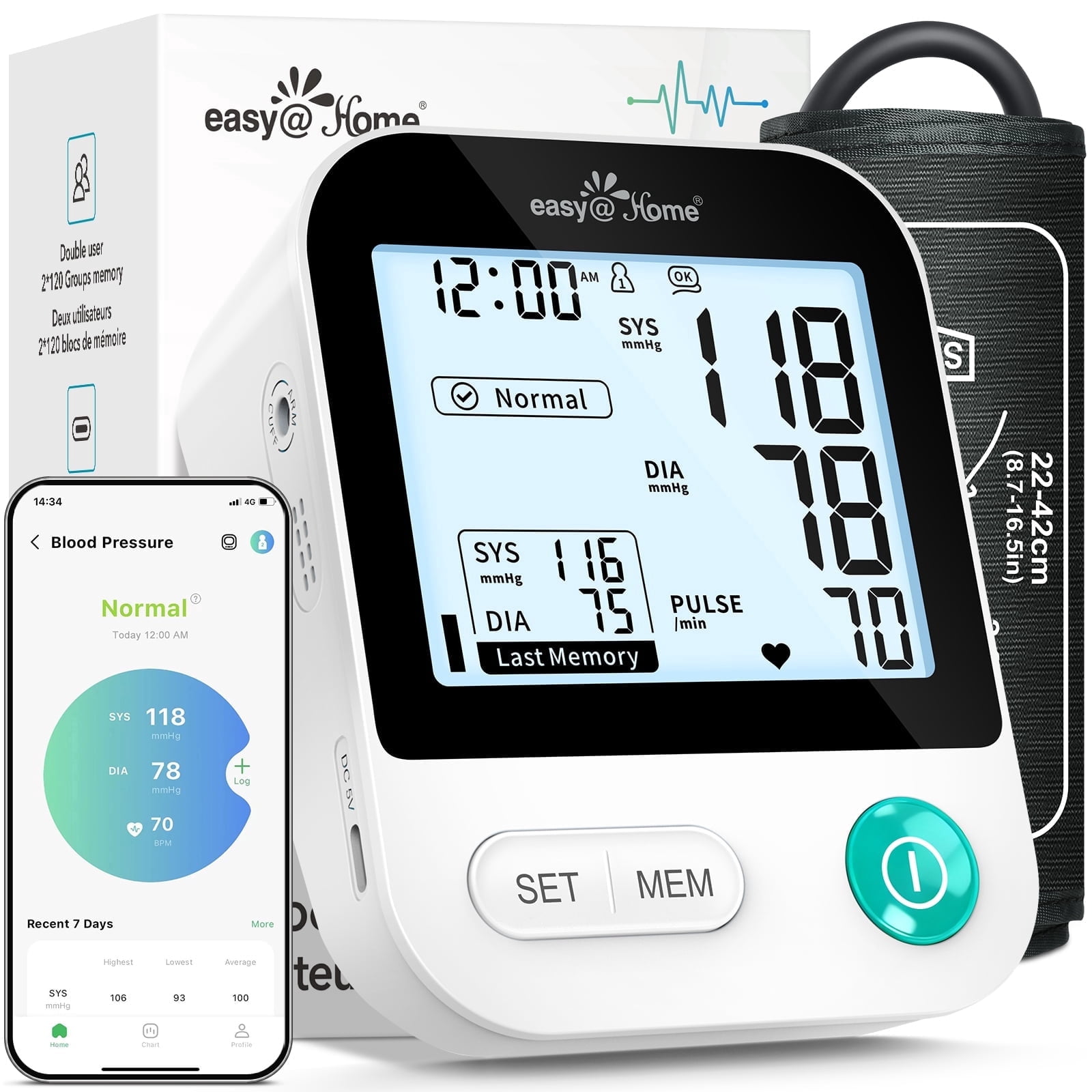Easy@Home Blood Pressure Monitor for Home Use: Bluetooth BP Machine with Free MyHeartPal App, Digital Blood Pressure Machine with Large Backlit LCD Display, Fits 8.7–16.5 in Arms, EBP-20T