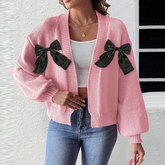 Eltusu Women Cardigans Sweaters, Thermal Bow Long Sleeve Button Down Winter Outerwear Pink Size S-XL