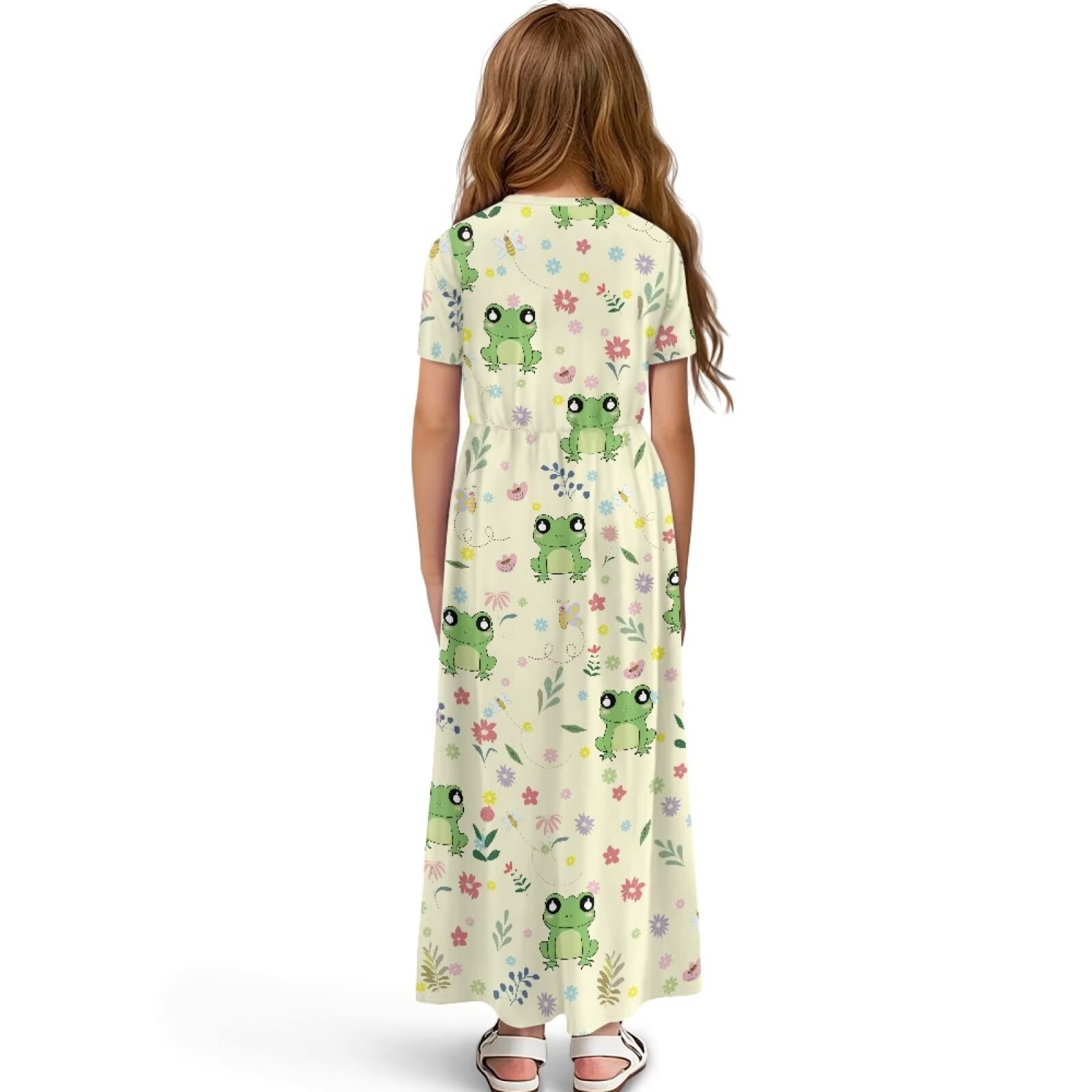 Uourmeti Girls Elegant Maxi Dress, Cute Frog Floral Printed Short Sleeves Dress with Pockets Summer Long Holiday Dresses, Size 9-10 Years