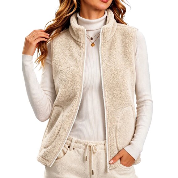 Womens Sherpa Jacket Baeitkot Sleeveless Zip Up Stand Collar Vest with Pockets for Fall Winter Casual Daily Wear Beige M