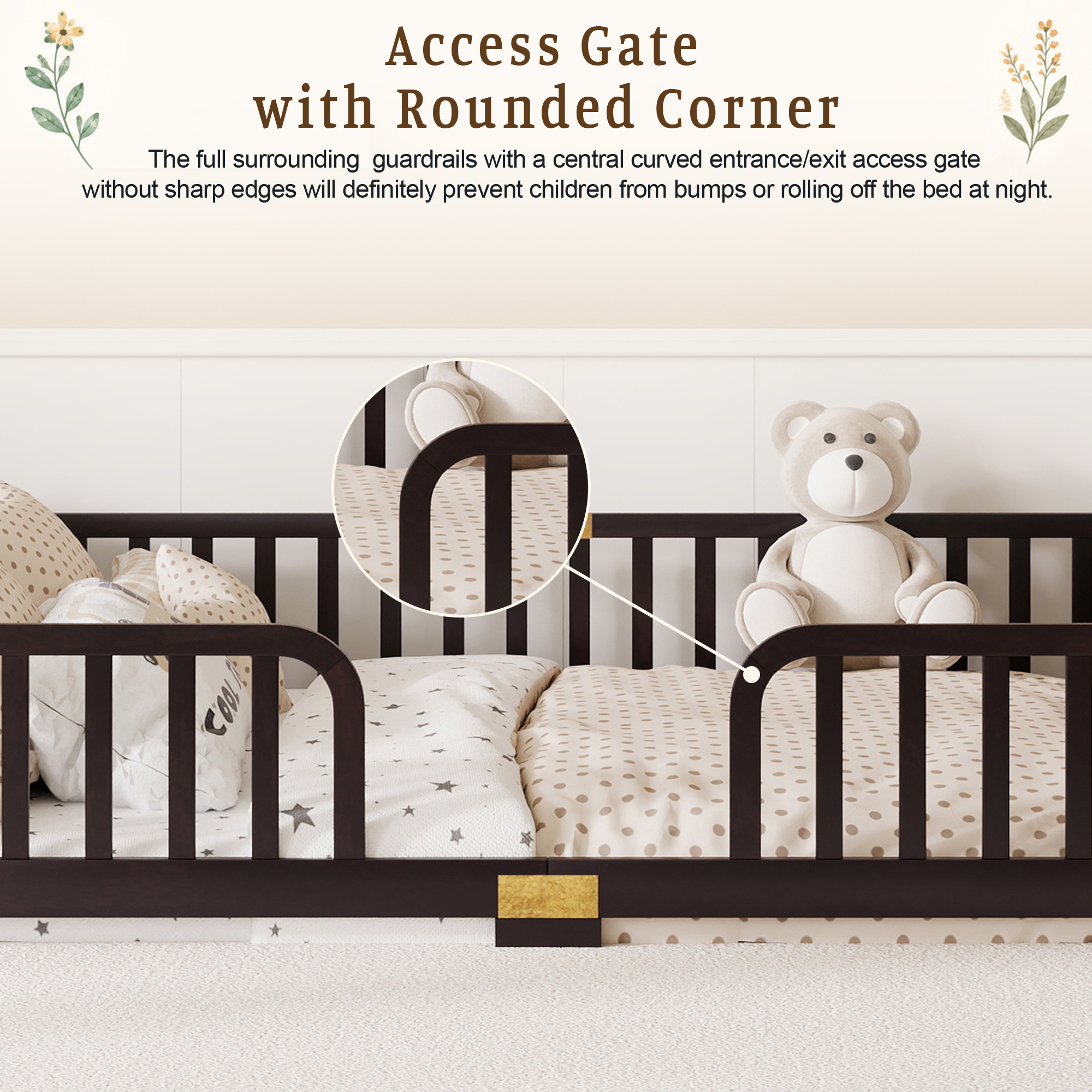 Leumius Queen Size Floor Fence Bed with Central Entrance,Pine Wood Floor bed with Guardrails,Espresso
