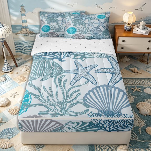 Erosebridal Nautical Fish Pattern Zipper Twin Comforter Sets with Fitted Sheet and 2 Pillowcases,Vintage Shell Reef Print Zipper Bedding Set,Cyan Blue Grey,Reversible