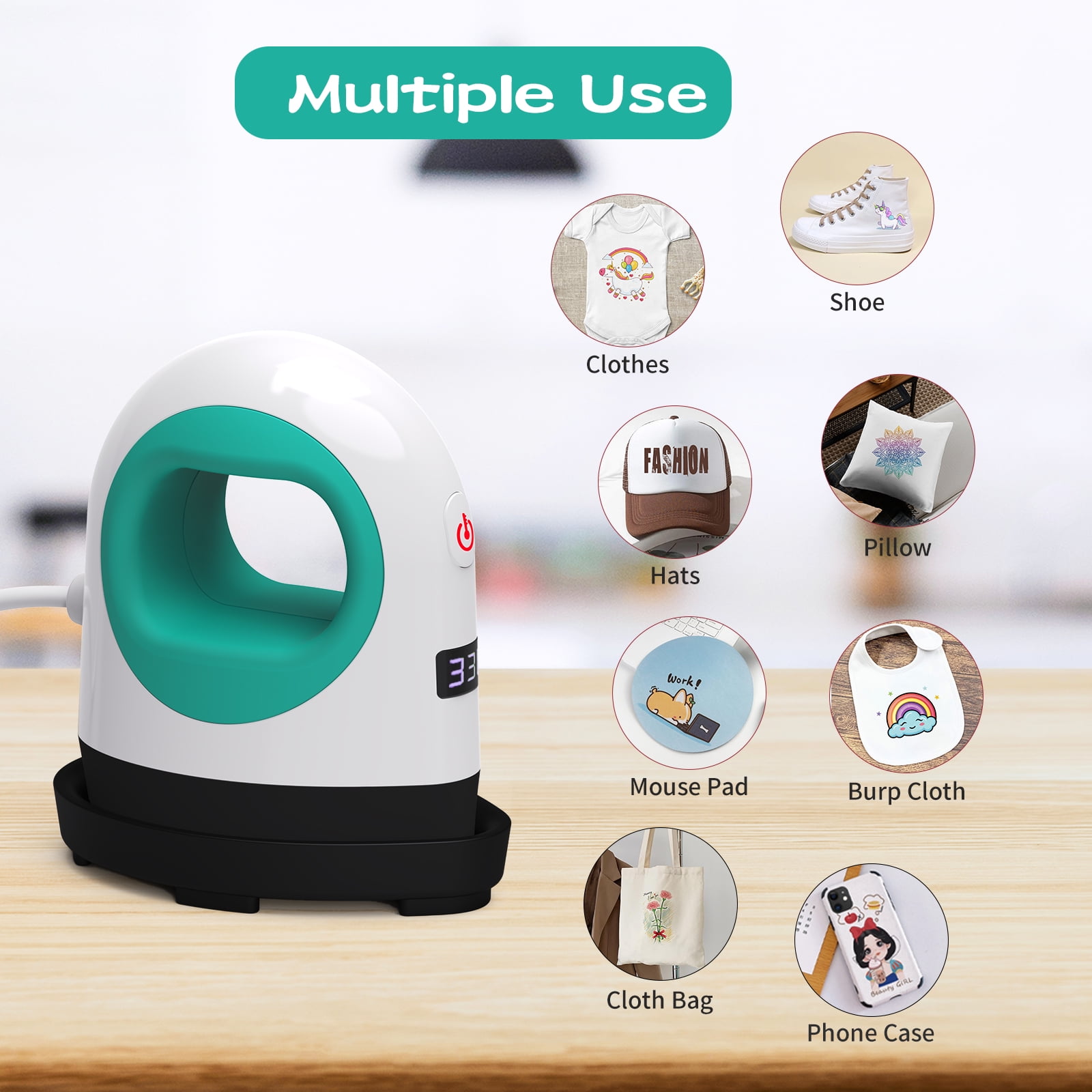 AST&T Mini Heat Press Machine Green, Portable Digital Iron for Shoes, Hats, T Shirts, HTV Vinyl and Small DIY Projects