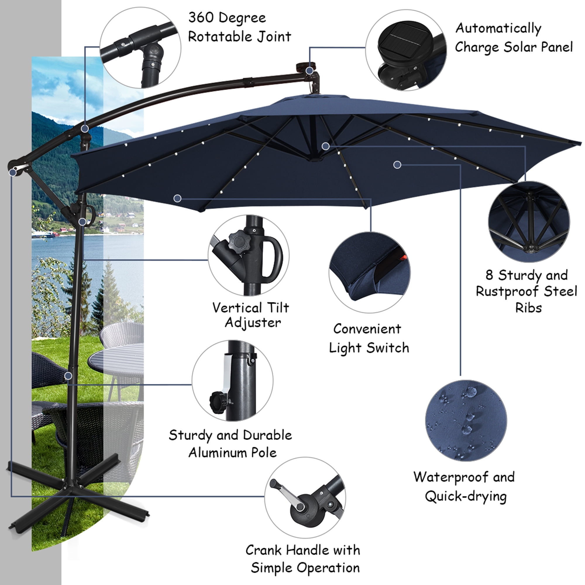 Gymax 10Ft Offset Hanging Umbrella Patio Outdoor w/ 32 Solar LED Lights Navy