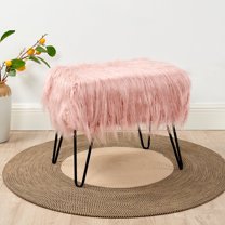 Home Soft Things Mongolian Faux-Fur Ottoman with Black Metal Legs, Coral Pink - 19" x 13" x 17"