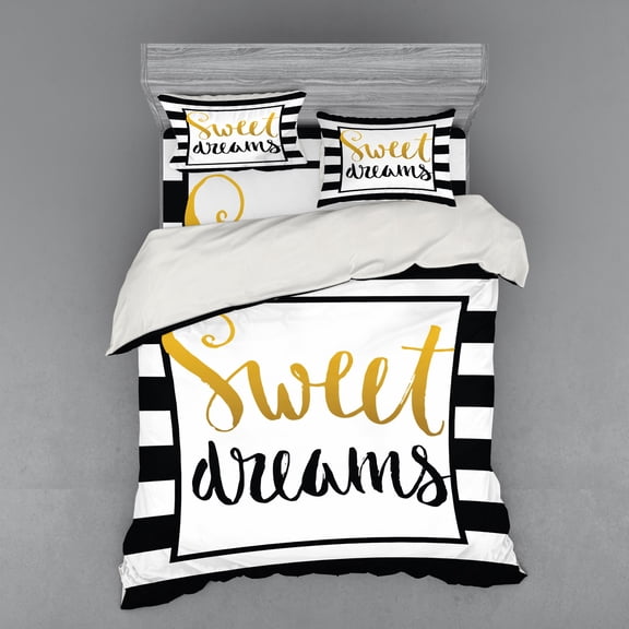 Ambesonne Saying Bedding Set 4 Pcs, Vintage Lettering Line, Queen, Yellow Black White