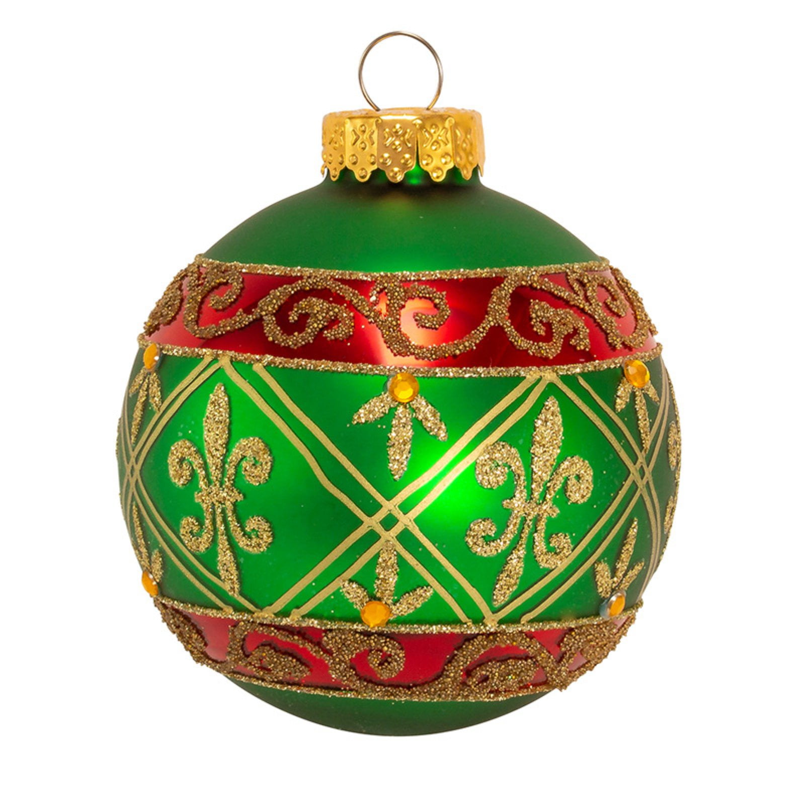 Kurt Adler 80MM Green Glass Ball Ornament With Red And Gold FleurDe