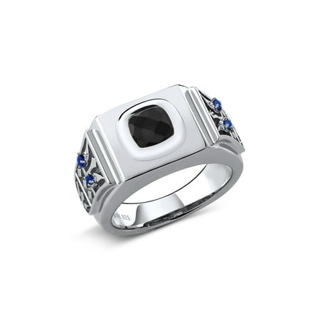 2.15 Ct Cushion Checkerboard Black Onyx Blue Created Sapphire 925 Silver Men's Ring
