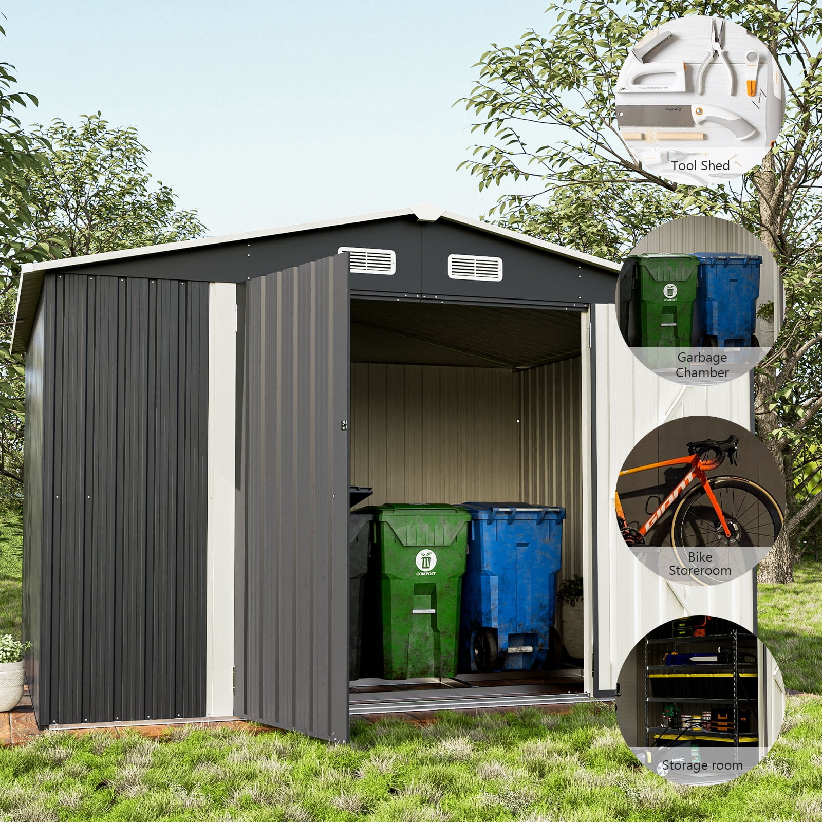 Sunmthink Outdoor Storage Shed, Metal Shed with Lockable Door & Air Vent for Backyard, Garden, Black