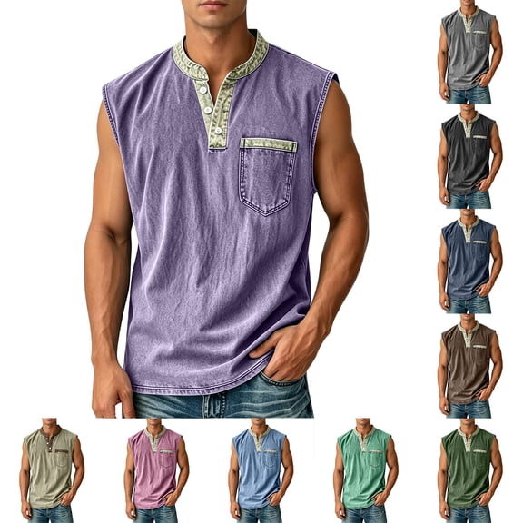 Mens Button Henley Neck Sleeveless Shirts Summer Muscle Cotton Tank Tops Relaxed Fit Plain Oversized Tshirts with Pocket