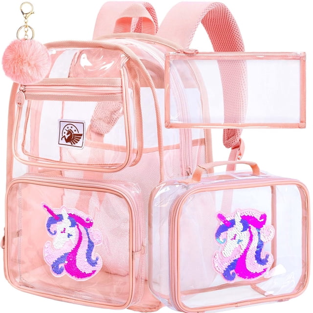 Set Mochila Transparente Unicornio para Niños AGSDON 3 Piezas PVC Rosa