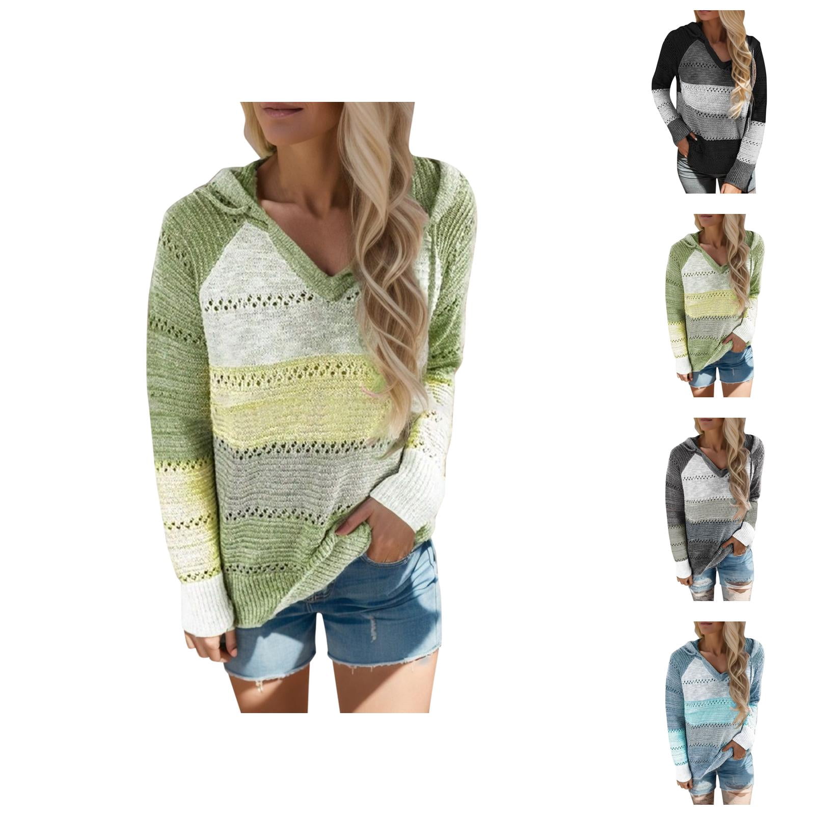 Color Block Sweater Hoodies for Women 2025 Long Sleeve V-Neck Knitted Sweater Hoodie Hooded Sweatshirt Women Pullover