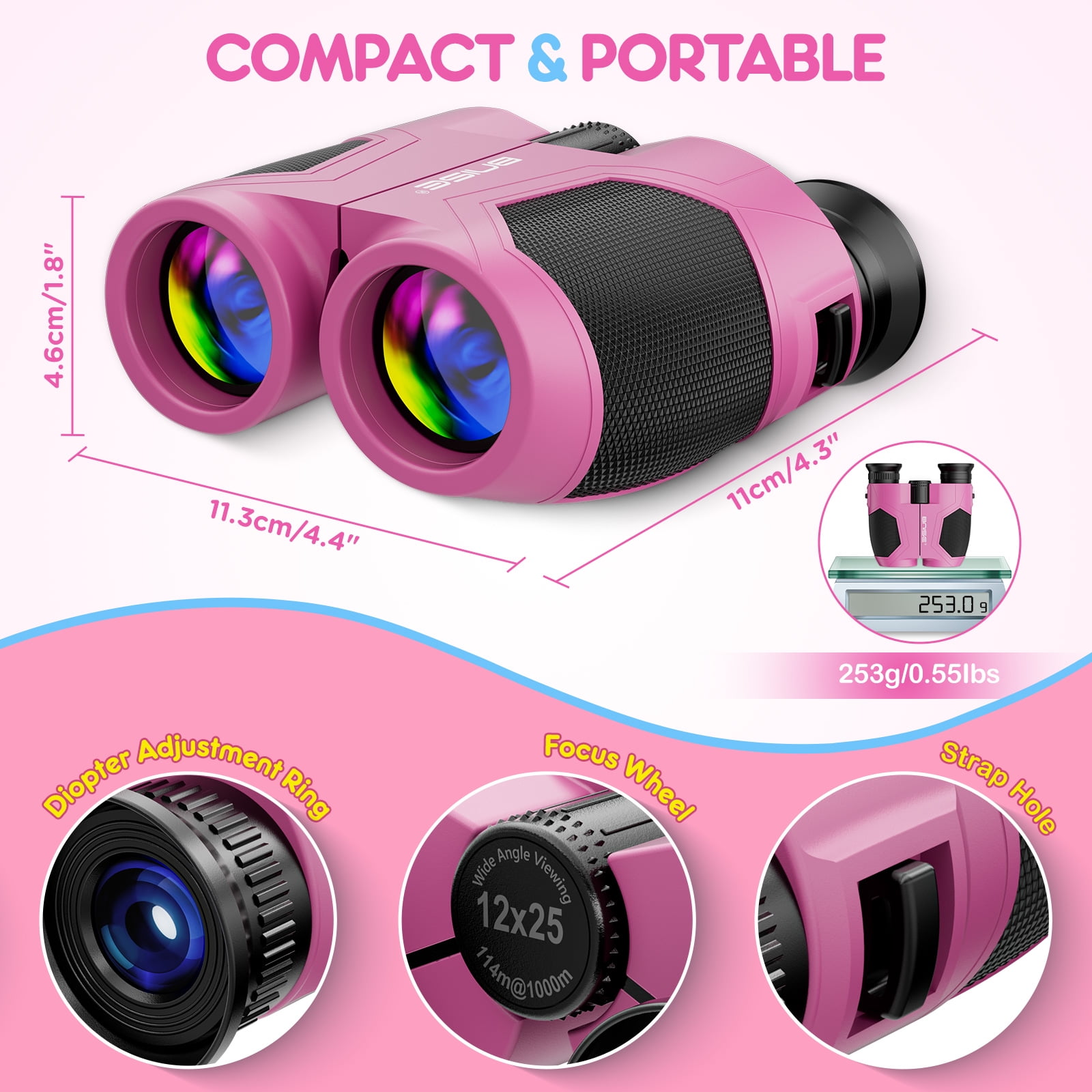 BNISE 10x25 Compact Binoculars for Adults and Kids-Small Binoculars for Travel Bird Watching Waterproof/Easy Focus/High Powered/ Low Light Vision-Pink