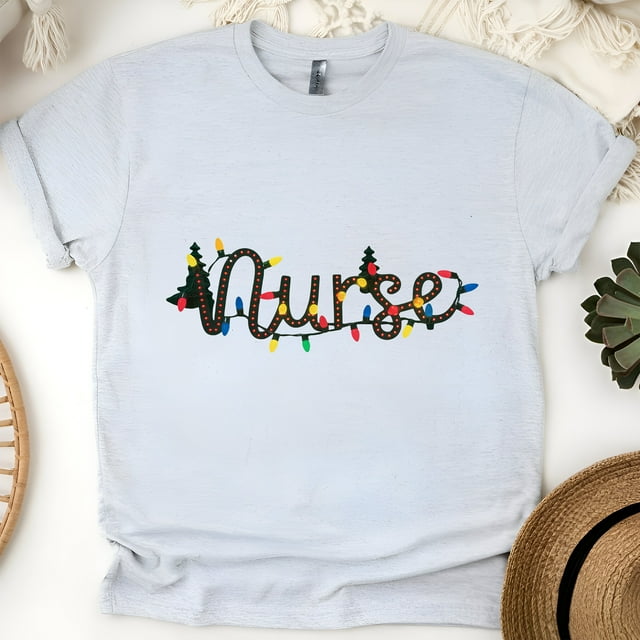 Nurse Graphic T-Shirt with String Lights Design, Unisex Casual Tee, Ash, Size XL