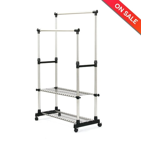 Sunpace Double Rods Adjustable Rolling Clothes And Garment Rack With Sunpace Double Rods Adjustable Rolling Clothes And Garment Rack With Wheels 2 Shelves On Bottom
