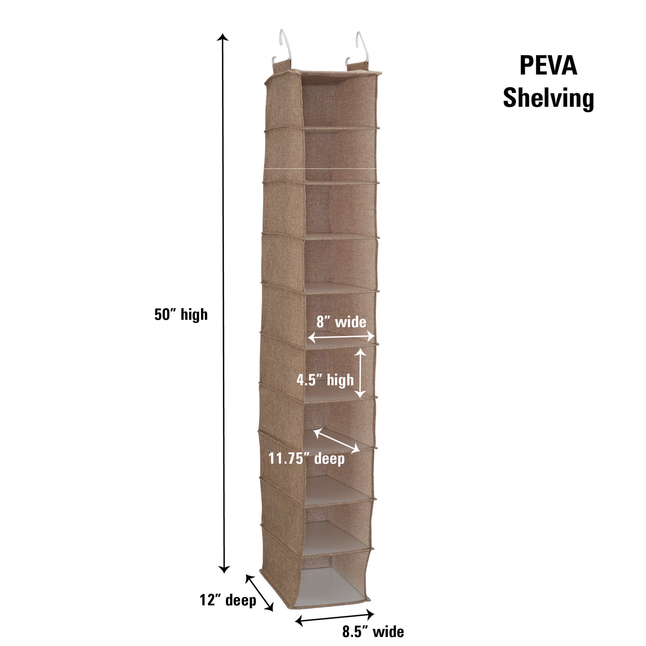 Household Essentials 10 Shelf Hanging Closet Organizer, Wide Hanging Shelf with Hooks, Fabric and PEVA Shelving