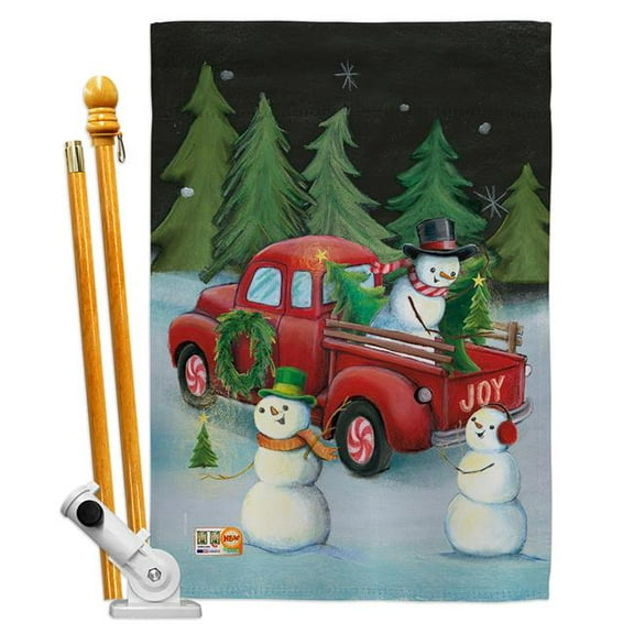 Breeze Decor BD-XM-HS-114208-IP-BO-D-US18-WA 28 x 40 in. Picking Christmas Tree Winter Impressions Decorative Vertical Double Sided House Flag Set & Pole Bracket Hardware