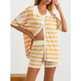 thumbnail image 4 of Musuos Women Summer Crochet Knit Pajamas Set Stripe Contrast Color Button Lapel Tops and Elastic Shorts 2 Pieces Loungewear Suits, 4 of 9